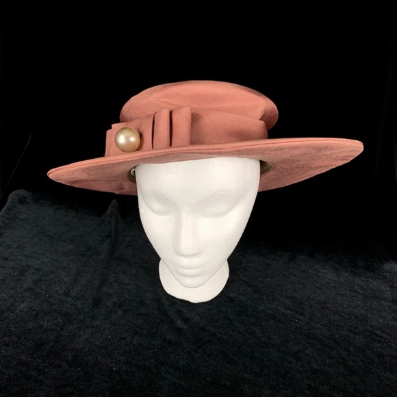 Vintage Bonwit Teller Hat 21in Dusty Rose Silk Wide Brim Lg Pearl Bow Excellent